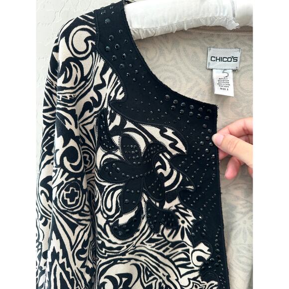 CHICO’S | Embellished Open Front Cardigan Black Paisley Silk Blend | Size 3 XL - Picture 3 of 7